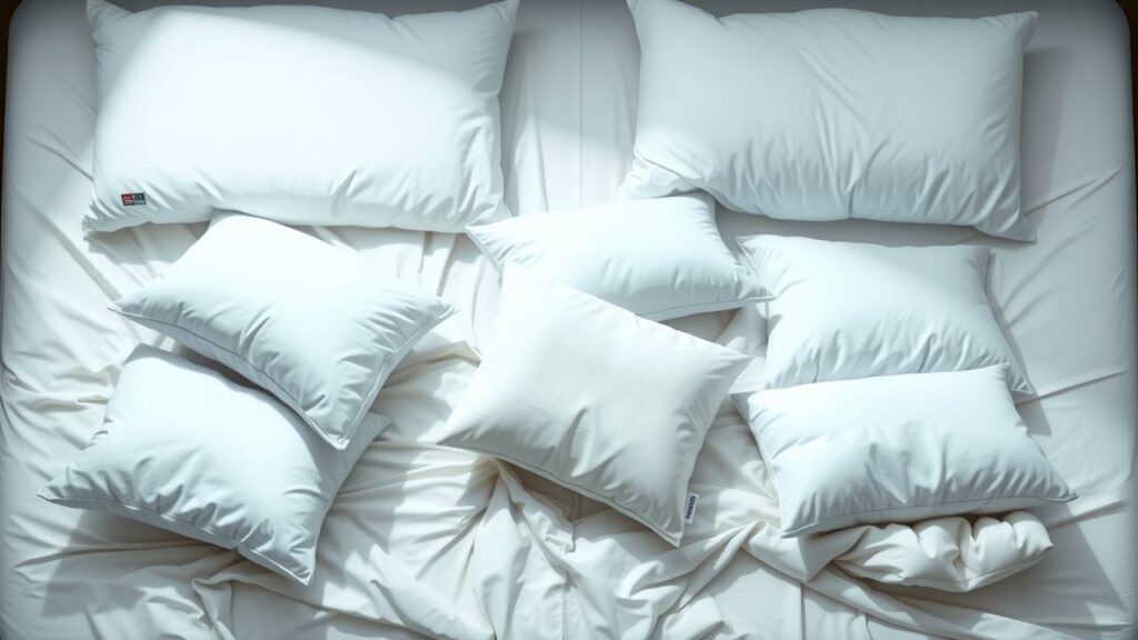 Een rommelig bed met verschillende soorten kussens, benadrukt het belang van de juiste kussenkeuze voor verschillende slaapposities.