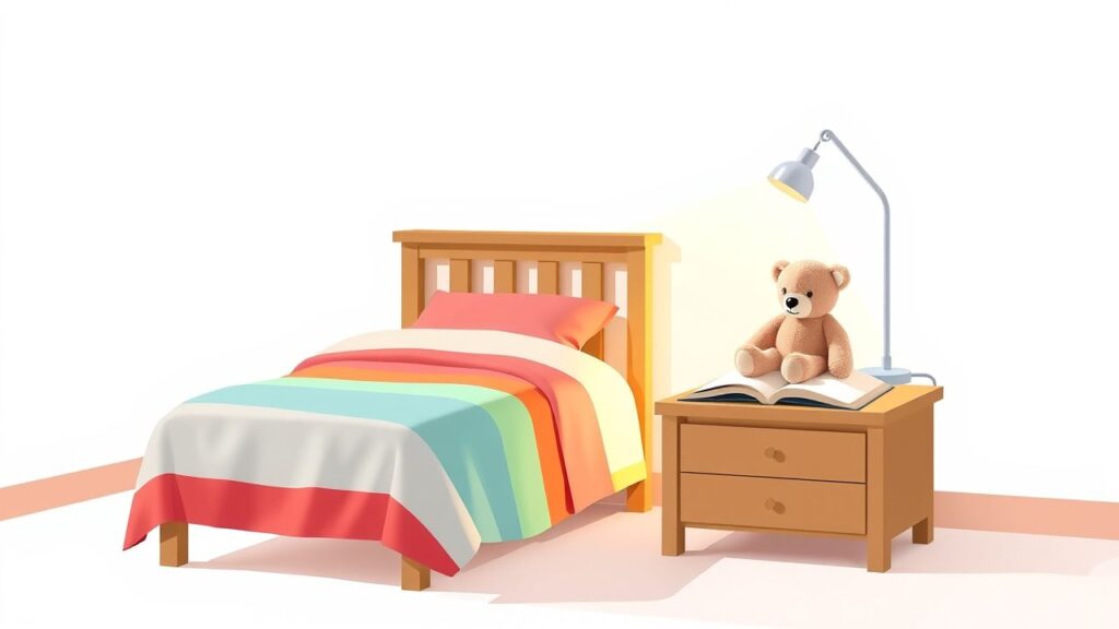 Een gezellige slaapkamer met een opgemaakt bed en knuffelbeer.