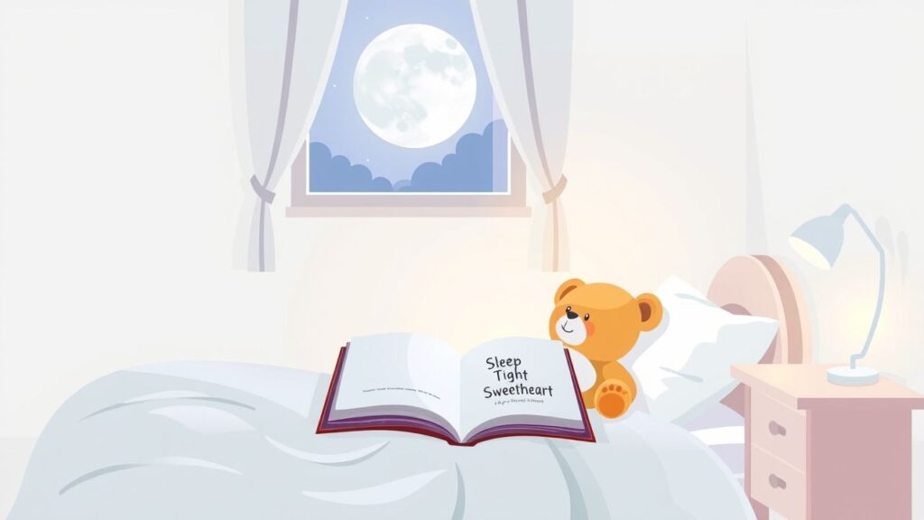 Een gezellige kinderkamer met een teddybeer en een open boek.
