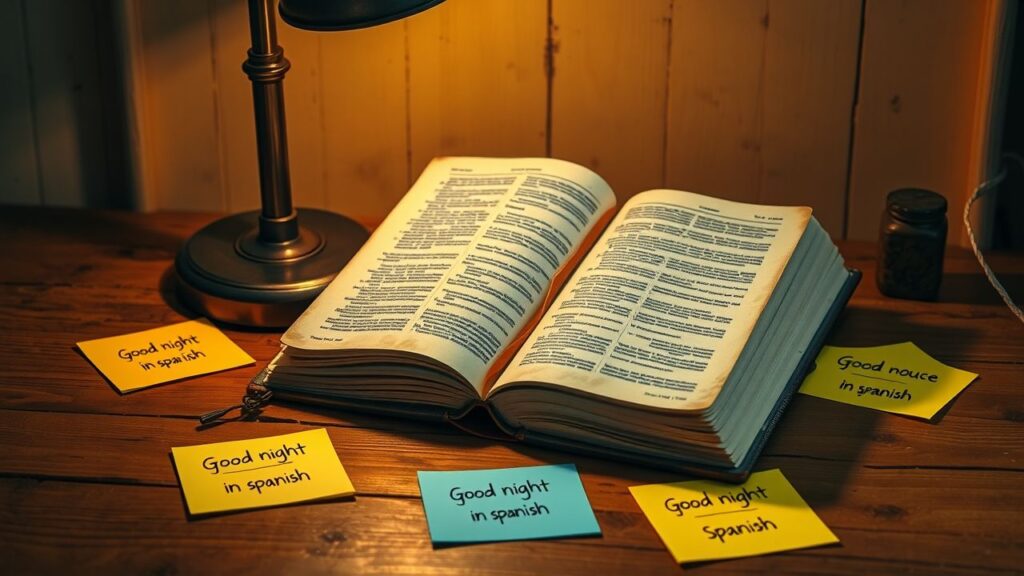 Een oude Spaans-Engels woordenboek op een houten bureau met post-its.