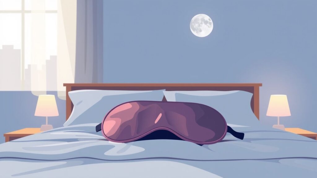 Een slaapmasker rustend op een gezellig bed in een rustgevende sfeer.