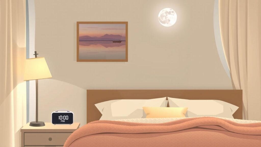 Een rustige slaapkamer met een comfortabel bed en schilderij aan de muur.