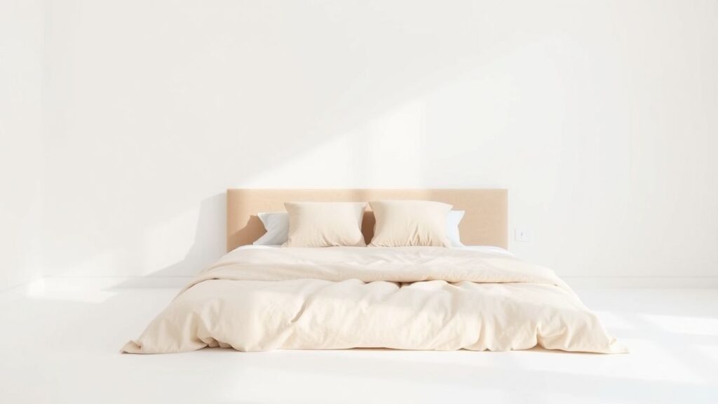 Een comfortabele slaapkamer met een minimalistisch design en rustgevende uitstraling.