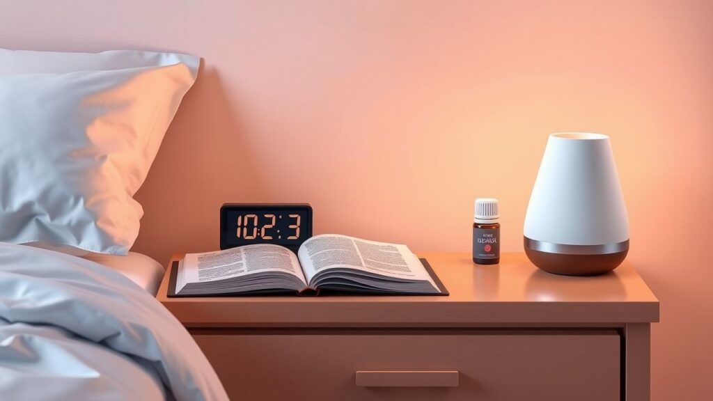 Een opgeruimde nachtkastje met journal, boek, klok en etherische oliediffuser.
