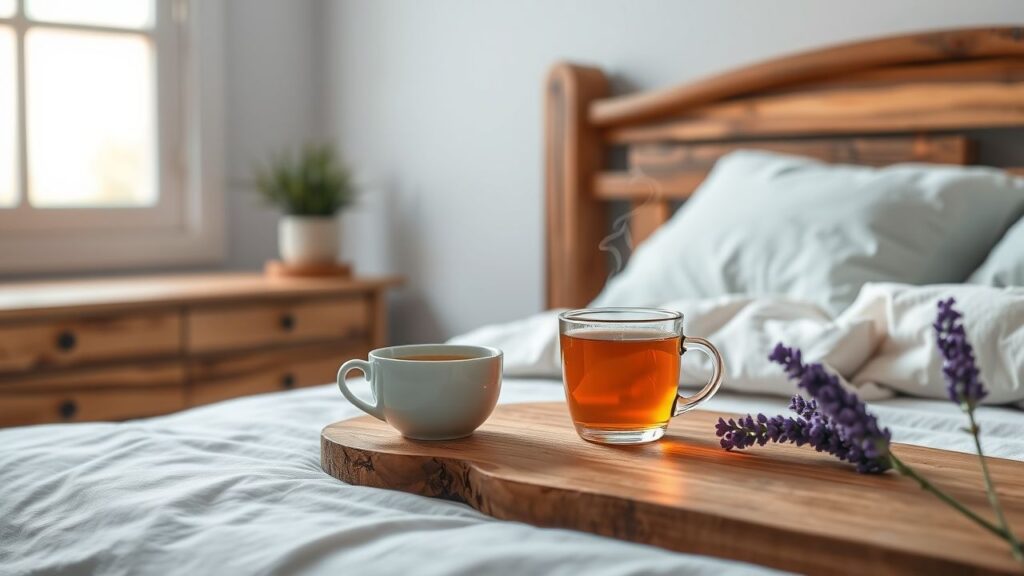 Een comfortabele slaapkamer met een kopje kruidenthee op het nachtkastje.