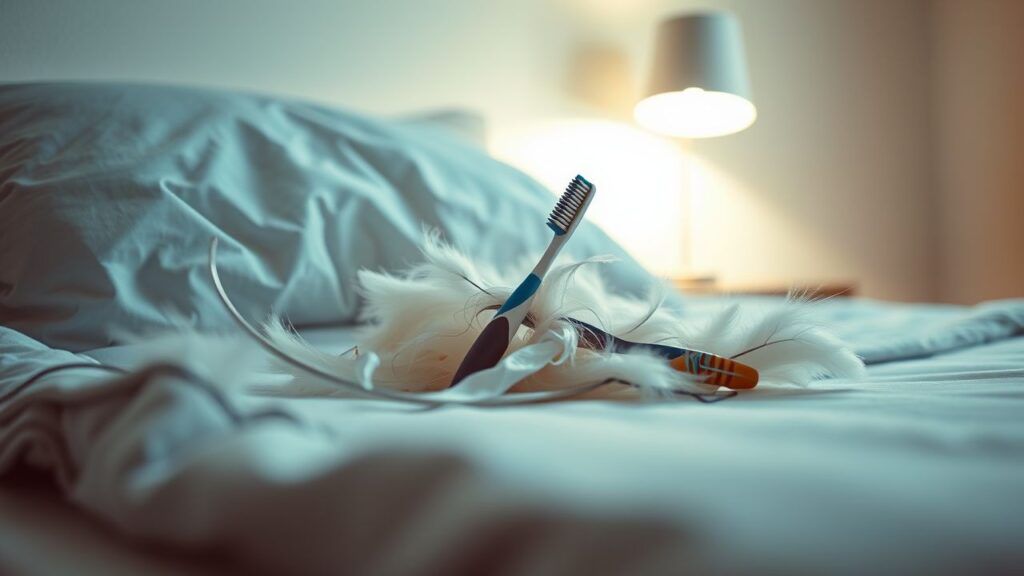 Een versleten tandenborstel ligt tussen veren op een rommelig bed.